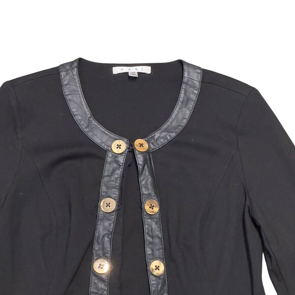 Cabi Black Button-Up Cardigan Jacket With Faux Leather Trim & Gold Buttons - Picture 2 of 8